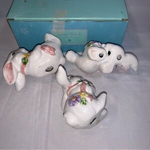 Bonton Floral Set of 3 Bunny Figurines in Box Porcelain Tumbling Easter